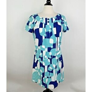 Trina Turk Retro Mod Jacquard‎ Shift Dress 10 White Blue Pockets Lined Made USA
